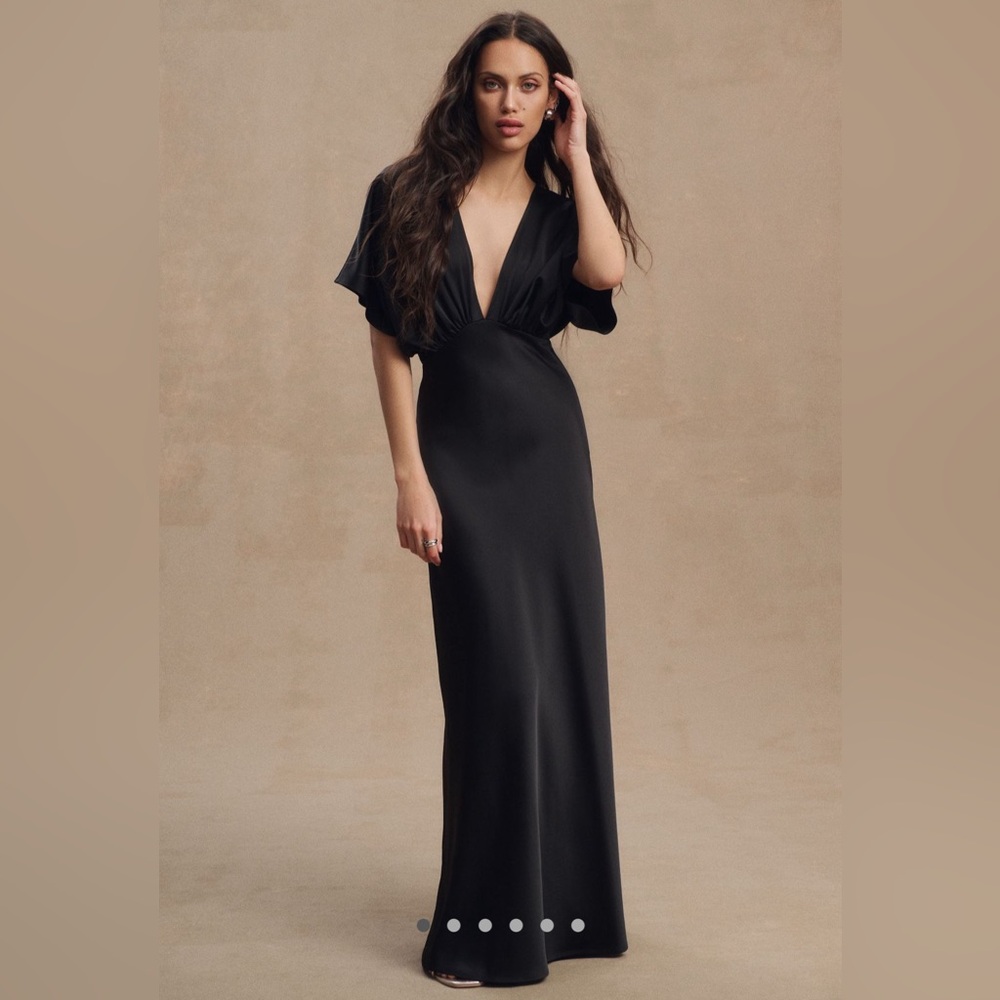 BHLDN Leila Deep-V Flutter-Sleeve Satin Charmeuse A-Line Gown in Black